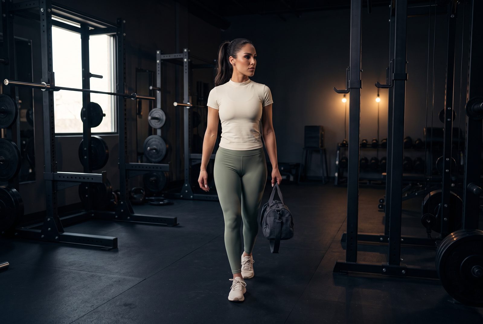 Nancy walking into the gym with her bag